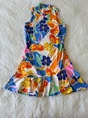 Vibrant Floral Sleeveless Ruffle Athletic Hem Dress - Blue Multicolor